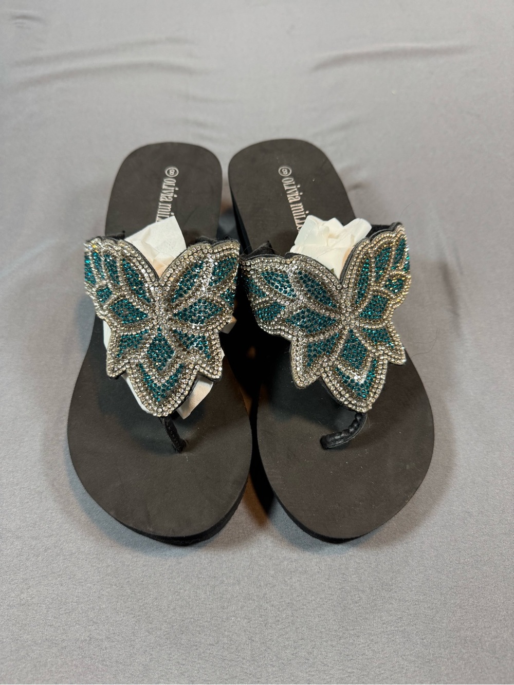 Olivia Miller Black Sandals with Teal and Silver Crystal Floral Pattern